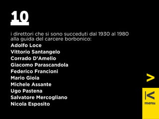 10 
i direttori che si sono succeduti dal 1930 al 1980 
alla guida del carcere borbonico: 
Adolfo Loce 
Vittorio Santangelo 
Corrado D’Amelio 
Giacomo Parascandola 
Federico Francioni 
Mario Gioia 
Michele Assante 
Ugo Pastena 
Salvatore Mercogliano 
Nicola Esposito 
 