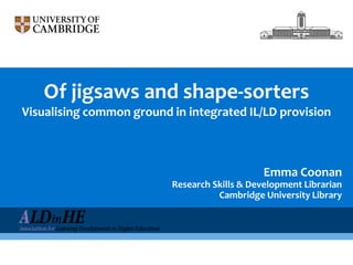 Of jigsaws and shape-sorters
Visualising common ground in integrated IL/LD provision
Emma Coonan
Research Skills & Development Librarian
Cambridge University Library
 
