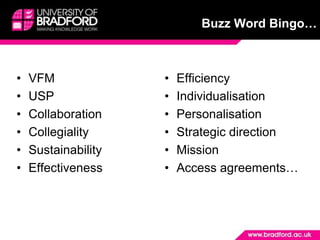 Buzz Word Bingo…VFMUSPCollaborationCollegialitySustainabilityEffectivenessEfficiencyIndividualisationPersonalisationStrategic directionMissionAccess agreements…