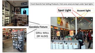 Gondola Fixture
Spot Light Accent light
Fresh Stock & Fast Selling Products ( Hot zone area) are kept under Spot lights
GRILL WALL
(BY ALDO)
 
