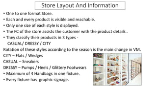 Store Layout And Information
• One to one format Store.
• Each and every product is visible and reachable.
• Only one size of each style is displayed.
• The FC of the store assists the customer with the product details .
• They classify their products in 3 types -
CASUAL/ DRESSY / CITY
Rotation of these styles according to the season is the main change in VM.
CITY – Flats / Wedges
CASUAL – Sneakers
DRESSY – Pumps / Heels / Glittery Footwears
• Maximum of 4 Handbags in one fixture.
• Every fixture has graphic signage.
 