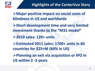 Highlights of the CenterVue Story

Major positive impact on social costs of
blindness in US and worldwide
Short developm...