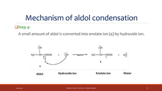 Mechanism of aldol condensation
Step 4:
A small amount of aldol is converted into enolate ion (4) by hydroxide ion.
12-06-2020 PHARM D YEAR I POC-MR K V NANDA KUMAR 8
Aldol Hydroxide ion Enolate ion Water
 