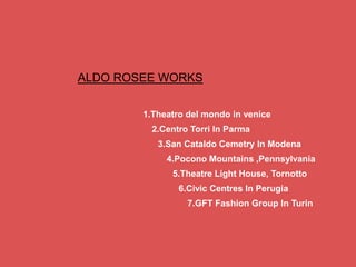 ALDO ROSEE WORKS


        1.Theatro del mondo in venice
          2.Centro Torri In Parma
           3.San Cataldo Cemetry In Modena
             4.Pocono Mountains ,Pennsylvania
              5.Theatre Light House, Tornotto
                6.Civic Centres In Perugia
                  7.GFT Fashion Group In Turin
 