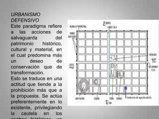 URBANISMO
DEFENSIVO
Este paradigma refiere
a las acciones de
salvaguarda del
patrimonio histórico,
cultural y material, en
el cual predomina más
un deseo de
conservación que de
transformación.
Esto se traduce en una
actitud que tiende a la
prohibición más que a
la propuesta. Se actúa
preferentemente en lo
existente, privilegiando
la cautela en los
 