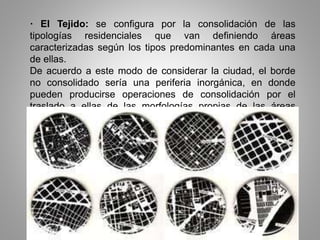 · El Tejido: se configura por la consolidación de las
tipologías residenciales que van definiendo áreas
caracterizadas según los tipos predominantes en cada una
de ellas.
De acuerdo a este modo de considerar la ciudad, el borde
no consolidado sería una periferia inorgánica, en donde
pueden producirse operaciones de consolidación por el
traslado a ellas de las morfologías propias de las áreas
centrales.
 