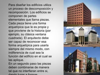 Para diseñar los edificios utiliza
un proceso de descomposición y
recomposición. Los edificios se
componen de partes
elementales que llama piezas.
Cada pieza tiene una forma
arquetípica que le es propia y
que proviene de la historia (por
ejemplo, su clásica ventana
cuadrada). El arquitecto debe
ser capaz de reconocer esa
forma arquetípica para usarla
siempre del mismo modo, con
indiferencia de cual sea la
función del edificio en el cual se
las aplique.
En un segundo paso las piezas
deben combinarse de manera
tal que no interfieran entre si,
 
