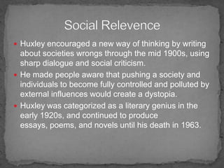 Island (1962) is a return to the a utopia first visited in the novel Brave New World, but not the same futuristic land, instead it is a fabled island called Pala that explores what it would be like from an outsiders point of view coming into such a content land.Biography (Cont'd)