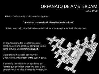 ORFANATO DE AMSTERDAM
1955-1960

El hilo conductor de la obra de Van Eyck es:
“unidad en la diversidad, diversidad en la unidad”.
Abierto–cerrado, simplicidad-complejidad, interior-exterior, individual-colectivo.

En el orfanato todos los elementos se
combinan en una amplia y compleja trama,
como si fuera una diminuta ciudad.
El arquitecto holandés construyó el
Orfanato de Amsterdam entre 1955 y 1960.
Su diseño se centró en un equilibrio de
fuerzas que permiten crear una casa y una
pequeña ciudad a las afueras de Amsterdan.

 