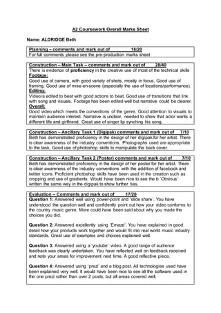 A2 Coursework Overall Marks Sheet
Name: ALDRIDGE Beth
Planning – comments and mark out of 18/20
For full comments please see the pre-production marks sheet
Construction – Main Task – comments and mark out of 28/40
There is evidence of proficiency in the creative use of most of the technical skills
Footage:
Good use of camera, with good variety of shots, mostly in focus. Good use of
framing. Good use of mise-en-scene (especially the use of locations/performance).
Editing:
Video is edited to beat with good actions to beat. Good use of transitions that link
with song and visuals. Footage has been edited well but narrative could be clearer.
Overall:
Good video which meets the conventions of the genre. Good attention to visuals to
maintain audience interest. Narrative is unclear, needed to show that actor wants a
different life and girlfriend. Great use of singer lip synching his song.
Construction – Ancillary Task 1 (Digipak) comments and mark out of 7/10
Beth has demonstrated proficiency in the design of her digipak for her artist. There
is clear awareness of the industry conventions. Photographs used are appropriate
to the task. Good use of photoshop skills to manipulate the back cover.
Construction – Ancillary Task 2 (Poster) comments and mark out of 7/10
Beth has demonstrated proficiency in the design of her poster for her artist. There
is clear awareness of the industry conventions with the addition of facebook and
twitter icons. Proficient photoshop skills have been used in the creation such as
cropping and use of gradients. Would have been nice to see the b ‘Obvious’
written the same way in the digipak to show further ties.
Evaluation – Comments and mark out of 17/20
Question 1: Answered well using power-point and ‘slide share’. You have
understood the question well and confidently point out how your video conforms to
the country music genre. More could have been said about why you made the
choices you did.
Question 2: Answered excellently using ‘Emaze’. You have explained in good
detail how your products work together and would fit into real world music industry
standards. Great use of examples and choices explained well.
Question 3: Answered using a ‘youtube’ video. A good range of audience
feedback was clearly undertaken. You have reflected well on feedback received
and note your areas for improvement next time. A good reflective piece.
Question 4: Answered using ‘prezi’ and a blog post. All technologies used have
been explained very well. It would have been nice to see all the software used in
the one prezi rather than over 2 posts, but all areas covered well.
 