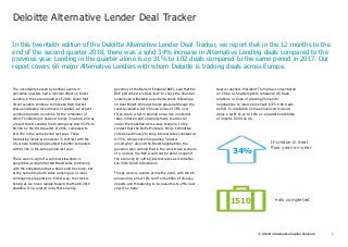 1
In this twentieth edition of the Deloitte Alternative Lender Deal Tracker, we report that in the 12 months to the
end of the second quarter 2018, there was a solid 34% increase in Alternative Lending deals compared to the
previous year. Lending in the quarter alone is up 31% to 102 deals compared to the same period in 2017. Our
report covers 66 major Alternative Lenders with whom Deloitte is tracking deals across Europe.
Deloitte Alternative Lender Deal Tracker
© Deloitte Alternative Capital Solutions
34%
Increase in deal
ﬂow year-on-year
1510 Deals completed
The uncertainty caused by political events in
preceding quarters had a minimal effect on Direct
Lending in the second quarter of 2018. Given that
Direct Lenders continue to increase their market
share and deploy record levels of capital, we expect
continued growth in volume for the remainder of
2018. Fundraising is however lumpy in nature; and as
a result Direct Lending fund raising was down 54% to
$8.5bn by the third quarter of 2018, compared to
$18.7bn in the same period last year. These
fundraising levels are however in contrast with the
US, where fundraising doubled to $26bn compared
with $13bn in the same period last year.
There was no sign of a summer slowdown in
geopolitics, with protracted Brexit talks continuing
with the expectation that a deal could be struck, but
at the same time both sides ramping up no deal
contingency preparations. Either way, the clock is
ticking as we move rapidly toward the March 2019
deadline. On a related note, Mark Carney,
governor of the Bank of England (BoE), said that the
BoE performed a “stress-test” to check the financial
system can withstand an extreme shock following a
no deal Brexit. All major banks passed although the
tests revealed a fall in house prices of 35% over
three years, a fall in sterling and a rise in interest
rates, inflation and unemployment, could occur
under the modelled worse-case scenario. In the
context that the BoE’s Monetary Policy Committee
voted unanimously to keep interest rates constant at
0.75%, citing concern regarding “greater
uncertainty” around the Brexit negotiations, the
governor also warned that in the worst case scenario
of a no deal, the BoE would not be able to support
the economy by cutting interest rates as it did after
the 2016 Brexit referendum.
Things were no quieter across the pond, with the US
announcing a new 10% tariff on $200bn of Chinese
imports and threatening to increase this to 25% next
year if no trade
deal is reached. President Trump has concentrated
on China as he attempts to rebalance US trade
relations, in hope of drawing China into
negotiations to reduce America’s $375.6 bn trade
deficit. In retaliation China announced it would
apply a tariff of up to 10% on an additional $60bn
of imports from the US.
 