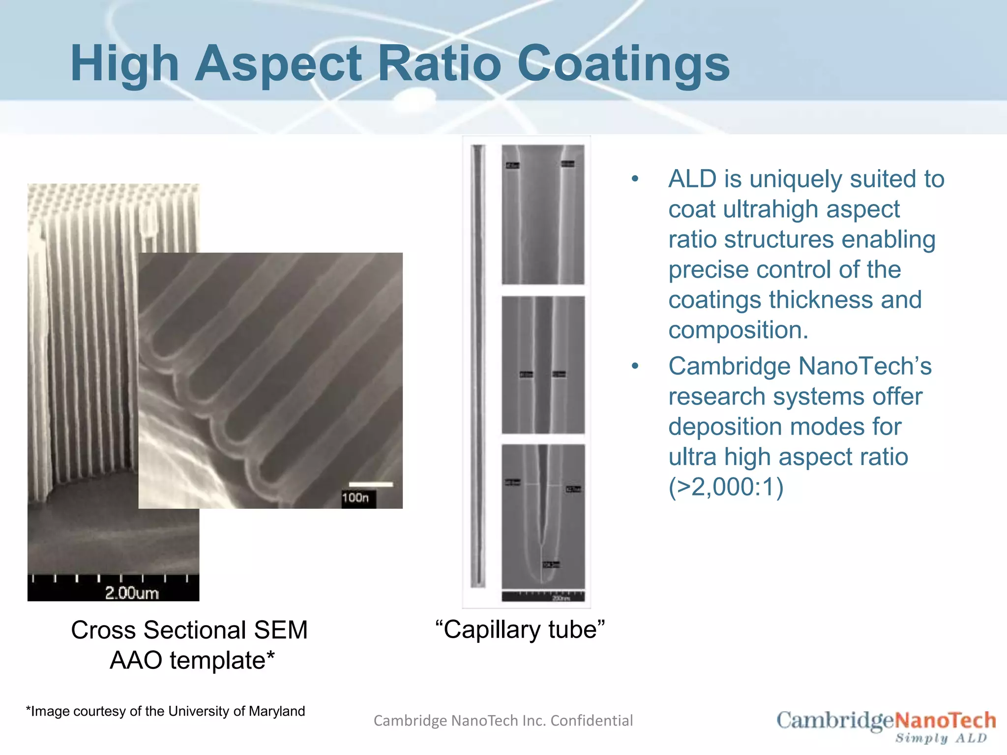 The ALD window is defined by the precursor volatility / stabilityDecomposition limitedCondensation limitedGrowth RateÅ/cycleALDWindowSaturationLevelTemperatureDesorption limitedActivation energy limitedCambridge NanoTech Inc. Confidential