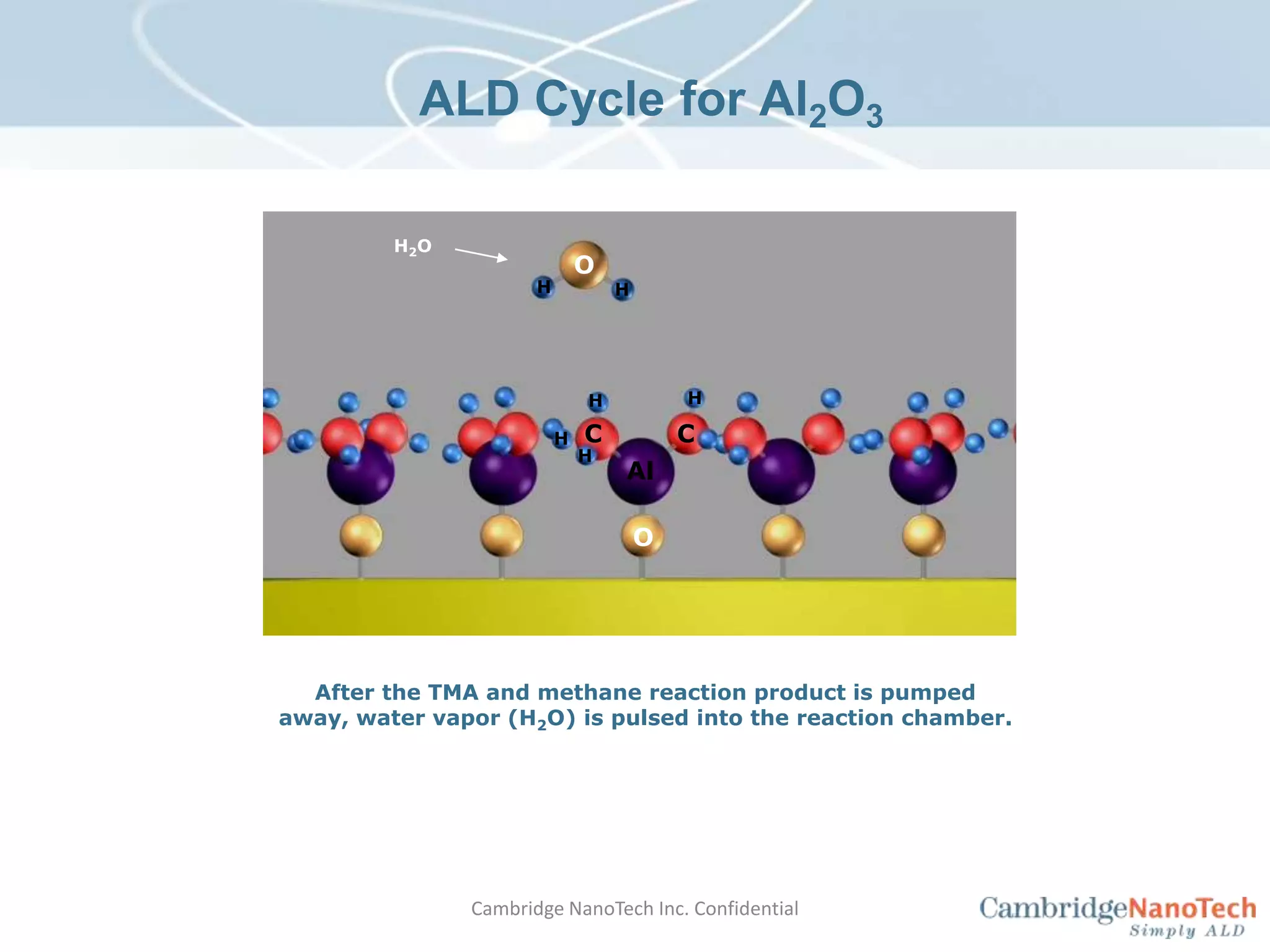 ALD Cycle for Al2O3H2OOHHHHCCHHAlOAfter the TMA and methane reaction product is pumped away, water vapor (H2O) is pulsed into the reaction chamber.Cambridge NanoTech Inc. Confidential