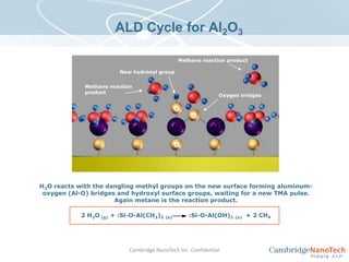  2 H2O (g) + :Si-O-Al(CH3)2(s)          :Si-O-Al(OH)2(s)  + 2 CH4ALD Cycle for Al2O3Methane reaction productNew hydroxyl groupMethane reaction productOxygen bridgesHOOAlAlAlOH2O reacts with the dangling methyl groups on the new surface forming aluminum-oxygen (Al-O) bridges and hydroxyl surface groups, waiting for a new TMA pulse. Again metane is the reaction product. Cambridge NanoTech Inc. Confidential