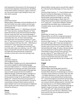 131
their Keyed plane if they travel to it for the purposes of
environmental adaptation and banishment. All abilities,
except where noted or continuous, require 1 Action to
use, and use the mystic’s spell casting DC, bonus, and
level, where required.
Bestial
Telestial
Keyed Plane: Ekstasis
Mystical Ability: Advantage on Animal Handling and can
cast Find Familiar once upon creation and once upon
attaining each level of mystic thereafter if no familiar
already possessed
Sorcerous Origin Features: 1st
= Wild Shape as 5e Druid
of 2nd
level, two times, and Beast Whisperer (1st
level
Speak with Animals at will, 4th level Animal Friendship
once per mystic level, 8th level Animal Messenger 3
times restored by short rest, 12th level Conjure Animals
restored by short rest, 12th
level Dominate Beast
restored by short rest and Conjure Animals at 5th
level
slot, 15th
level Conjure Animals at 7th
level slot, 18th
level
Conjure Animals at 12th level slot ); 6th = Wild Shape as
5e Druid of 4th
level, three times with a short rest
restoring 1 use; 14th
= Wild Shape as Druid of 8th
level,
four times with a short rest restoring 1 use; 18th
= Wild
Shape as Druid of 8th
level with the ability to speak and
cast spells with Verbal and Somatic components
normally, six times with a short rest restoring 2 uses.
Blood
Terrestrial
Keyed Plane: Material
Limit: Dragonneth only
Mystical Ability: Telepathy up to 30’ understandable by
any creature capable of understanding language
Sorcerous Origin Features: 1st
= Draconic resilience (Hit
point maximum increases by 1 per level, Scales harden
to AC16) 6th
= Elemental Affinity (spells of damage type
same as breath weapon do Charisma modifier in
additional damage, and breath weapon recharges on a
5 or 6 on d6 rolled each round); 14th
= Dragon Wings
(Grow permanent wings for fly speed equal to current
speed); 18th
= Draconic Presence (5 sorcery points to
create aura of awe or fear up to 60 feet for 1 minute or
concentration causing all hostile creatures within to
make a Wisdom save or be charmed (awe) or frightened
(fear) until the aura ends. Creatures that succeed are
immune for 24 hours. )
Doom
Telestial
Keyed Plane: Gehenna
Mystical Ability: Casting a spell on yourself with range of
0 or “personal” grants Advantage on all your saves for 1
round.
Sorcerous Origin Features: 1st
= Touch of Destiny (when
desired, Touch grants Advantage on all attacks, save,
ability and skill checks for 1 round); 6th = Warded by
Destiny (while surprised Advantage on saves and
attackers have Disadvantage on attack rolls); 14th
=
Enforce Doom (reroll one attack, restored by short rest
at 17th
level); 18th
= Escape Doom (Allowed a Wisdom
save DC20 if fail three death save or otherwise face
immediate death, success stabilizes to Unconscious with
1 hit point)
Element
Faerie
Keyed Plane: Air, Earth, Fire, or Water
Mystical Ability: Can shift the energy type damage of
spells to attuned elemental type and gain Elemental
Movement ()
Sorcerous Origin Features: 1st
= Elemental Ray (Bonus 0
level spell, 30’range, 1d6+ ½ level type damage); 6th =
Elemental Resistance (Resistance to energy type: Air is
Thunder; Earth is Acid; Fire is Fire; Water is Cold); 14th
=
Elemental Blast (60’ range, 20’ radius, 1d6 type damage
per level, Dexterity for half at spell DC, failure gives
Vulnerability to type until end of your next turn, once
per day, 2/day at 17th
level, 3/day at 20th
); 18th
=
Elemental Adaptation (Immunity energy type, able to
survive in environment and move as if a native
elemental: Air Fly 60; Earth Burrow 30; Fire Speed +30;
Water Swim 60)
Frigid
Faerie
Keyed Plane: Winterwaste
Mystical Ability: Cold energy spells have DC+1
Sorcerous Origin Features: 1st
= Cold Steel (weapon
touched inflicts 1d6 points of cold damage on a hit for 1
round per 2 levels (minimum 1) 3 times, short rest); 6th
= Ice Walker (Resistance to cold, climb or walk across
snow and ice at normal speed without leaving tracks);
14th
= Snow Shroud (ignore concealment and perception
penalties in natural or magical snow, ice, fog, etc., and
can surround self with swirling snow for 1 round per day
per level that acts as a Fire Shield (cold)that doesn’t
shed light, offers concealment, and grants advantage on
Stealth in snowy or icy areas, once per day, 2/day at
17th
, 3/day 20th
); 18th
= Blizzard (as Control Winds
centred on you but even the eye is affected by a Sleet
Storm and all in the area are exposed to extreme
environmental cold)
 