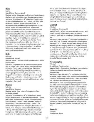 132
Hart
Faerie
Keyed Plane: Summerwood
Mystical Ability: Advantage on Charisma checks, targets
of charms and compulsion have disadvantage on saves
Sorcerous Origin Features: 1st
= Laughing Touch (target
Incapacitated by Laughter for `1 round, can affect each
target once only but a short rest resets); 6th =
Woodland Stride (move through undergrowth such as
thorns, briars, and overgrown areas, as if normal
terrain without incurring any damage from mundane
growth and with Resistance against that caused by
magical as well as Advantage on any required saves) ;
14th
= Fleeting Glance (Use Grater Invisibility for up to 1
round per mystic level total but not necessarily
consecutive) ; 18th
= Fey Wonders (6 Wonder Points
that may be spent as follows: 1 for the effects of
Inspiration, 2 to cast a Haste without components, 3 for
a Dimension Door, 4 for a Conjure Fey, 5 for a Plane
Shift, and 6 for a Foresight spell, with a short rest
restoring 1 Wonder Point)
Holy
Celestial
Keyed Plane: Heaven
Mystical Ability: Conjured creates gain Resistance B/P/S
to non-magic
Sorcerous Origin Features: 1st
= Heavenly Fire (divine
ray, 30’ range, 1d6+ ½ level divine damage to Evil or
healing to Good, 3/day, short rest); 6th = Celestial
Resistances (Resistance against Radiant and Poison,
Advantage against Necrotic, Fire, and Cold) ; 14th
=
Wings of Heaven (bonus action to grow or retract, Fly
60, 1 minute per level in 1 minute increments) ; 18th
=
Conviction (2 Inspiration points in addition to any other
inspiration, short rest)
Horror
Telestial
Keyed Plane: Abaddon
Mystical Ability: Your mind-effecting spells affect
corporeal undead
Sorcerous Origin Features: 1st
= Grave Touch (touch
causes living creature to become Frightened for 1 round
per 2 levels (minimum 1), a second touch increasing it
to Paralyzed for 1 round if it has fewer HD than your
mystic level, 3 uses, short rest); 6th = Death’s Gift
(Immune to Frightened and Paralyzed, Resistance to
Poison, Fear, Paralysis, Sleep, and mind-effecting); 14th
= Grasp of the Dead (60’ range, skeletal arms erupt
from ground in 20’ radius doing 1d6 necrotic damage
per level to all inside, Dexterity save for half damage
and to avoid being Restrained for 1 round plus 1 per
point of Wisdom bonus, 1 use at 14th
, 2 at 17th
, 3 at
20th
); 18th
= Incorporeal form (can move through other
creatures and objects as if they were difficult terrain,
taking 5 (1d10) force damage if turn ends inside an
object, Resistance to non-magic B/P/S, Acid, Cold, Fire,
Lightning, and Thunder)
Liminal
Telestial
Keyed Plane: Dreamworld
Mystical Ability: When you target a single creature with
a spell you gain advantage on saves versus that
creatures spells and its attacks get disadvantage against
you.
Sorcerous Origin Features: 1st
=Lullaby (cast Sleep once,
short rest); 6th = Combat Precognition (Advantage on
initiative) ; 14th
= Dream Intruder (May manipulate the
dreamscape of a sleeping creature to Modify Memory
or ask questions as per Speak with Dead, Wisdom save
against spell DC to resist, 1 per day, 2/day at 17th
, 3/day
at 20th
); 18th
= Eye of the Sandman (project
consciousness as if using Arcane Eye but able to make
visible and immobile at any point, turning it into a
Symbol of Sleep, once per day)
Metamorphic
Telestial
Keyed Plane: Pandemonium
Mystical Ability: Attempts to dispel your transmutation
Enchantments and creation Conjurations have
disadvantage.
Sorcerous Origin Features: 1st
= Protoplasm (hurl ball
30’ range, target is Restrained for 1d4 rounds and takes
1 point of acid damage each round, 3 uses, short rest);
6th = Protean Resistances (Resistance to Acid,
Advantage on saves against polymorph, petrification,
and other transmutation Enchantments); 14th
= Reality
Wrinkle (10’ radius rippling distortion emanated from
mystic that Slows all others inside it and gives attacks
from outside disadvantage, 1 round per level divided as
desired); 18th
= Spatial Tear (unravelling and snapping
reality back into place creating a Dimension Door effect
with the range multiplied by the mystic’s Wisdom bonus
(minimum 1), leaving behind an Evard’s Black Tentacles
centred on the point of departure that inflicts psychic
damage instead of bludgeoning, 1 use at 18th
and 2 at
20th
)
Necrotic
Telestial
Keyed Plane: Abyss
 