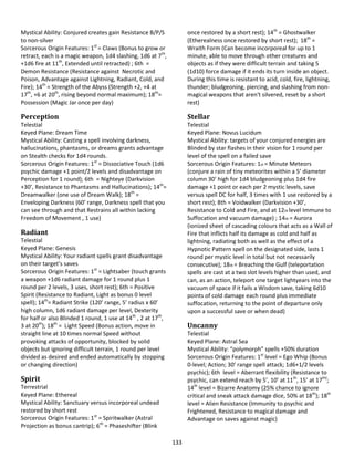 133
Mystical Ability: Conjured creates gain Resistance B/P/S
to non-silver
Sorcerous Origin Features: 1st
= Claws (Bonus to grow or
retract, each is a magic weapon, 1d4 slashing, 1d6 at 7th
,
+1d6 fire at 11th
, Extended until retracted) ; 6th =
Demon Resistance (Resistance against Necrotic and
Poison, Advantage against Lightning, Radiant, Cold, and
Fire); 14th
= Strength of the Abyss (Strength +2, +4 at
17th
, +6 at 20th
, rising beyond normal maximum); 18th
=
Possession (Magic Jar once per day)
Perception
Telestial
Keyed Plane: Dream Time
Mystical Ability: Casting a spell involving darkness,
hallucinations, phantasms, or dreams grants advantage
on Stealth checks for 1d4 rounds.
Sorcerous Origin Features: 1st
= Dissociative Touch (1d6
psychic damage +1 point/2 levels and disadvantage on
Perception for 1 round); 6th = Nighteye (Darkvision
+30’, Resistance to Phantasms and Hallucinations); 14th
=
Dreamwalker (one use of Dream Walk); 18th
=
Enveloping Darkness (60’ range, Darkness spell that you
can see through and that Restrains all within lacking
Freedom of Movement , 1 use)
Radiant
Telestial
Keyed Plane: Genesis
Mystical Ability: Your radiant spells grant disadvantage
on their target’s saves
Sorcerous Origin Features: 1st
= Lightsaber (touch grants
a weapon +1d6 radiant damage for 1 round plus 1
round per 2 levels, 3 uses, short rest); 6th = Positive
Spirit (Resistance to Radiant, Light as bonus 0 level
spell); 14th
= Radiant Strike (120’ range, 5’ radius x 60’
high column, 1d6 radiant damage per level, Dexterity
for half or also Blinded 1 round, 1 use at 14th
, 2 at 17th
,
3 at 20th
); 18th
= Light Speed (Bonus action, move in
straight line at 10 times normal Speed without
provoking attacks of opportunity, blocked by solid
objects but ignoring difficult terrain, 1 round per level
divided as desired and ended automatically by stopping
or changing direction)
Spirit
Terrestrial
Keyed Plane: Ethereal
Mystical Ability: Sanctuary versus incorporeal undead
restored by short rest
Sorcerous Origin Features: 1st
= Spiritwalker (Astral
Projection as bonus cantrip); 6th
= Phaseshifter (Blink
once restored by a short rest); 14th
= Ghostwalker
(Etherealness once restored by short rest); 18th
=
Wraith Form (Can become incorporeal for up to 1
minute, able to move through other creatures and
objects as if they were difficult terrain and taking 5
(1d10) force damage if it ends its turn inside an object.
During this time is resistant to acid, cold, fire, lightning,
thunder; bludgeoning, piercing, and slashing from non-
magical weapons that aren't silvered, reset by a short
rest)
Stellar
Telestial
Keyed Plane: Novus Lucidum
Mystical Ability: targets of your conjured energies are
Blinded by star flashes in their vision for 1 round per
level of the spell on a failed save
Sorcerous Origin Features: 1st = Minute Meteors
(conjure a rain of tiny meteorites within a 5’ diameter
column 30’ high for 1d4 bludgeoning plus 1d4 fire
damage +1 point or each per 2 mystic levels, save
versus spell DC for half, 3 times with 1 use restored by a
short rest); 8th = Voidwalker (Darkvision +30’,
Resistance to Cold and Fire, and at 12th level Immune to
Suffocation and vacuum damage) ; 14th = Aurora
(ionized sheet of cascading colours that acts as a Wall of
Fire that inflicts half its damage as cold and half as
lightning, radiating both as well as the effect of a
Hypnotic Pattern spell on the designated side, lasts 1
round per mystic level in total but not necessarily
consecutive); 18th = Breaching the Gulf (teleportation
spells are cast at a two slot levels higher than used, and
can, as an action, teleport one target lightyears into the
vacuum of space if it fails a Wisdom save, taking 6d10
points of cold damage each round plus immediate
suffocation, returning to the point of departure only
upon a successful save or when dead)
Uncanny
Telestial
Keyed Plane: Astral Sea
Mystical Ability: “polymorph” spells +50% duration
Sorcerous Origin Features: 1st
level = Ego Whip (Bonus
0-level; Action; 30’ range spell attack; 1d6+1/2 levels
psychic); 6th level = Aberrant flexibility (Resistance to
psychic, can extend reach by 5’, 10’ at 11th
, 15’ at 17th)
;
14th
level = Bizarre Anatomy (25% chance to ignore
critical and sneak attack damage dice, 50% at 18th
); 18th
level = Alien Resistance (Immunity to psychic and
Frightened, Resistance to magical damage and
Advantage on saves against magic)
 