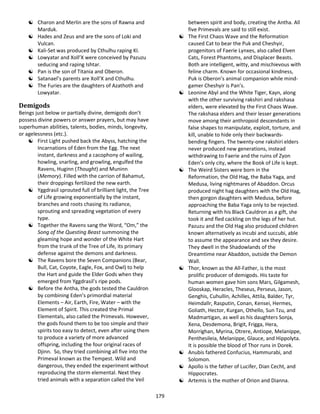 179
 Charon and Merlin are the sons of Rawna and
Marduk.
 Hades and Zeus and are the sons of Loki and
Vulcan.
 Kali-Set was produced by Cthulhu raping KI.
 Lowyatar and Xoll’X were conceived by Pazuzu
seducing and raping Ishtar.
 Pan is the son of Titania and Oberon.
 Satanael’s parents are Xoll’X and Cthulhu.
 The Furies are the daughters of Azathoth and
Lowyatar.
Demigods
Beings just below or partially divine, demigods don’t
possess divine powers or answer prayers, but may have
superhuman abilities, talents, bodies, minds, longevity,
or agelessness (etc.).
 First Light pushed back the Abyss, hatching the
Incarnations of Eden from the Egg. The next
instant, darkness and a cacophony of wailing,
howling, snarling, and growling, engulfed the
Ravens, Huginn (Thought) and Muninn
(Memory). Filled with the carrion of Bahamut,
their droppings fertilized the new earth.
 Yggdrasil sprouted full of brilliant light, the Tree
of Life growing exponentially by the instant,
branches and roots chasing its radiance,
sprouting and spreading vegetation of every
type.
 Together the Ravens sang the Word, “Om,” the
Song of the Questing Beast summoning the
gleaming hope and wonder of the White Hart
from the trunk of the Tree of Life, its primary
defense against the demons and darkness.
 The Ravens bore the Seven Companions (Bear,
Bull, Cat, Coyote, Eagle, Fox, and Owl) to help
the Hart and guide the Elder Gods when they
emerged from Yggdrasil’s ripe pods.
 Before the Antha, the gods tested the Cauldron
by combining Eden’s primordial material
Elements – Air, Earth, Fire, Water – with the
Element of Spirit. This created the Primal
Elementals, also called the Primevals. However,
the gods found them to be too simple and their
spirits too easy to detect, even after using them
to produce a variety of more advanced
offspring, including the four original races of
Djinn. So, they tried combining all five into the
Primeval known as the Tempest. Wild and
dangerous, they ended the experiment without
reproducing the storm elemental. Next they
tried animals with a separation called the Veil
between spirit and body, creating the Antha. All
five Primevals are said to still exist.
 The First Chaos Wave and the Reformation
caused Cat to bear the Puk and Cheshyir,
progenitors of Faerie Lynxes, also called Elven
Cats, Forest Phantoms, and Displacer Beasts.
Both are intelligent, witty, and mischievous with
feline charm. Known for occasional kindness,
Puk is Oberon’s animal companion while mind-
gamer Cheshyir is Pan’s.
 Leonine Abyl and the White Tiger, Kayn, along
with the other surviving rakshiri and rakshasa
elders, were elevated by the First Chaos Wave.
The rakshasa elders and their lesser generations
move among their anthropoid descendants in
false shapes to manipulate, exploit, torture, and
kill, unable to hide only their backwards-
bending fingers. The twenty-one rakshiri elders
never produced new generations, instead
withdrawing to Faerie and the ruins of Zyon
Eden’s only city, where the Book of Life is kept.
 The Weird Sisters were born in the
Reformation, the Old Hag, the Baba Yaga, and
Medusa, living nightmares of Abaddon. Orcus
produced night hag daughters with the Old Hag,
then gorgon daughters with Medusa, before
approaching the Baba Yaga only to be rejected.
Returning with his Black Cauldron as a gift, she
took it and fled cackling on the legs of her hut.
Pazuzu and the Old Hag also produced children
known alternatively as incubi and succubi, able
to assume the appearance and sex they desire.
They dwell in the Shadowlands of the
Dreamtime near Abaddon, outside the Demon
Wall.
 Thor, known as the All-Father, is the most
prolific producer of demigods. His taste for
human women gave him sons Mars, Gilgamesh,
Glooskap, Heracles, Theseus, Perseus, Jason,
Genghis, Cuhullin, Achilles, Attila, Balder, Tyr,
Heimdallr, Rasputin, Conan, Kensei, Hermes,
Goliath, Hector, Kurgan, Othello, Sun Tzu, and
Madmartigan, as well as his daughters Sonja,
Xena, Desdemona, Brigit, Frigga, Hera,
Morríghan, Myrina, Otrere, Antiope, Melanippe,
Penthesileia, Melanippe, Glauce, and Hippolyta.
It is possible the blood of Thor runs in Dorek.
 Anubis fathered Confucius, Hammurabi, and
Solomon.
 Apollo is the father of Lucifer, Dian Cecht, and
Hippocrates.
 Artemis is the mother of Orion and Dianna.
 