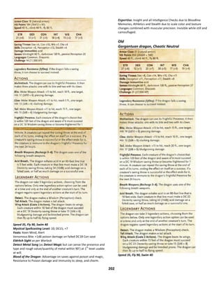 202
Speed 35, Fly 90, Swim 40
Mystical Spellcasting Level: 10; DC15, +7
Feats: Keen Mind, Alert
Venomous Bite: +1d6 poison damage on failed DC18 Con save
Eldritch Sight as per Warlock
Detect Metal Song (as Detect Magic but can sense the presence and
type and rough value/quantity of metal within 90’) at 1
st
level usable
at will.
Blood of the Dragon: Advantage on saves against poison and magic,
Resistance to Poison damage and Immunity to sleep, and charm.
Expertise. Insight and all Intelligence Checks due to Bloodline
Memories, Athletics and Stealth due to scale color and texture
changes combined with muscular precision. Invisible while still and
camouflaged.
Old
Gargantuan dragon, Chaotic Neutral
Speed 35, Fly 90, Swim 40
 