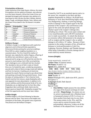 211
Principalities of Heaven
Under authority of the Virgin Queen, Athena, the seven
Principalities rule the spheres of Heaven, also referred
to as the Seven Heavens. All but the Crown Prince are
demigod Archangels with Exemplar class abilities of a
level equal to their HD plus the Alert, Athlete, Martial
Adept, Tough, and Weapon Master, feats. Athena and
the Crown Prince dwell in the 7th Heaven’s Arcadian
Palace
Heaven Principality Title
1
st
Raphael Prince of Temperance
2
nd
Gabriel Prince of Industry
4th Uriel Princess of Generosity
4
th
Galadriel Princess of Patience
5
th
Mikael Prince of Courage
8th Ariel Princess of Honesty
7
th
Sirsyr Crown Prince of Compassion
Hellborn Charger
A Hellborn charger is a 5e Nightmare with Lawful Evil
alignment and its Ethereal Stride expanded to
Dimensional Stride working the same but enabling a
Plane Shift to a plane neighbouring Sphere or a
coexistent plane. The first, Felaróf the stallion of
Satanael, was originally the stallion Pegasus, offspring of
the White Hart and Athena’s steed, until he was
captured and his wings torn off by Kali-Set and then he
was put to stud making a herd. After accomplishing
Loki’s challenge to sire a child with Kali-Set, drunken
Thor decided to ride out of Hell in style on Felaróf.
Once out, he healed the open, smoldering amputation
wounds with a blast of divine energy mixed with lighting
and from his hammer. Crackling arcs of electricity
replaced the steed’s flames turning his eye vibrant blue
and sparking continually from gunmetal hooves. Given
the place of ranking stallion in Thor’s Destrier herd,
Felaróf sired the first Unicorn, dusky Shadowfax with a
coat opposite his ivory descendants. In addition to 5e
Unicorn abilities and the Dimensional Stride of his sire,
Shadowfax can arc lightning from his horn like a Blue
Dragonborn Born and Dream Walk. Said to be the
fastest equine at Speed 100’, Shadowfax escaped Thor
at the first opportunity and has never been ridden.
Hellfire Knight
A hellfire knight is a Pit Fiend following 5e Monster
Manual rules for Devil. They serve as the knights and
champions of the Dukes, the greater ones as generals.
They breed and ride Hellborn Chargers.
Krahl
Created by Xoll’X as an arachnid species native to
the moon, Isis, intended to rise there and then
supplant dragonnethi on Aldyryc, the Krahl have
Immunity to Acid, their blood being highly acidic.
Any bludgeoning, slashing, or piercing damage
results in damage to the weapon equal to the full
potential of the weapon’s dice and bonuses (roll
again for the acid) and splash damage to the
attacker equal to the weapon’s damage dice,
including any critical. This occurs upon contact and
every round thereafter until a DC20 Constitution
save is made successfully. An attack that destroys
an extremity inflicts full potential to the attacker as
well as weapon and the weapon’s dice as splash
damage to all within a 10’ radius. Because of their
exposure to the surface energies of Isis, all krahl are
Immune to Acid and Resistant to Cold, Fire,
Lightning, Necrotic, Radiant, and Thunder damage,
while being Vulnerable to Psychic damage due to
weak relatively mental defenses.
Aranea (Knight)
Large monstrosity, neutral evil
Armor Class 14 (natural armor)
Hit Points 39 (6d10 + 6)
Speed 30 ft., climb 30 ft.
STR DEX CON INT WIS CHA
14 (+2)16 (+3)12 (+1)16 (+3)12 (+1)6 (–2)
Saving Throws Int +5
Skills Stealth +5
Senses blindsight 10 ft., darkvision 60 ft., passive
Perception 11
Languages Krahl, Dark Speech
Challenge 5
Special Traits
 Class Abilities: Knights possess the class abilities
of a rogue of the Assassin archetype of a level
up to 8th . Shapechange: An aranea can use
its action to polymorph into a Medium beast
or humanoid creature of CR 2 or lower, or
from another form back into its own form.
The aranea retains its Int, Wis, and Cha
scores and its current hit points while
polymorphed; otherwise, it takes on all the
attributes of the adopted form. It can cast
 