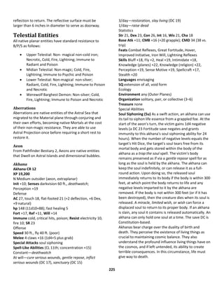 225
reflection to return. The reflective surface must be
larger than 6 inches in diameter to serve as doorway.
Telestial Entities
All native planar entities have standard resistance to
B/P/S as follows:
 Upper Telestial: Non- magical non-cold iron;
Necrotic, Cold, Fire, Lightning; Immune to
Radiant and Poison
 Midian Telestial: Non-magic; Cold, Fire,
Lightning; Immune to Psychic and Poison
 Lower Telestial: Non-magical non-silver;
Radiant, Cold, Fire, Lightning; Immune to Poison
and Necrotic
 Werewolf Barghest Demon: Non-silver; Cold,
Fire, Lightning; Immune to Poison and Necrotic
Aberrations
Aberrations are native entities of the Astral Sea that
migrated to the Material plane through conjuring and
their own efforts, becoming native Mortals at the cost
of their non-magic resistance. They are able to use
Astral Projection once before requiring a short rest to
restore it.
Aeon
From Pathfinder Bestiary 2, Aeons are native entities
that Dwell on Astral Islands and dimensional bubbles.
Akhana
Akhana CR 12
XP 19,200
N Medium outsider (aeon, extraplanar)
Init +10; Senses darkvision 60 ft., deathwatch;
Perception +19
Defense
AC 27, touch 18, flat-footed 21 (+2 deflection, +6 Dex,
+9 natural)
hp 148 (11d10+88); fast healing 5
Fort +17, Ref +11, Will +14
Immune cold, critical hits, poison; Resist electricity 10,
fire 10; SR 23
Offense
Speed 30 ft., fly 40 ft. (poor)
Melee 4 claws +16 (1d4+5 plus grab)
Special Attacks soul siphoning
Spell-Like Abilities (CL 11th; concentration +15)
Constant—deathwatch
At will—cure serious wounds, gentle repose, inflict
serious wounds (DC 17), sanctuary (DC 15)
3/day—restoration, slay living (DC 19)
1/day—raise dead
Statistics
Str 21, Dex 23, Con 26, Int 16, Wis 21, Cha 18
Base Atk +11; CMB +16 (+20 grapple); CMD 34 (38 vs.
trip)
Feats Combat Reflexes, Great Fortitude, Hover,
Improved Initiative, Iron Will, Lightning Reflexes
Skills Bluff +18, Fly +2, Heal +19, Intimidate +18,
Knowledge (planes) +22, Knowledge (religion) +22,
Perception +19, Sense Motive +19, Spellcraft +17,
Stealth +20
Languages envisaging
SQ extension of all, void form
Ecology
Environment any (Outer Planes)
Organization solitary, pair, or collective (3–6)
Treasure none
Special Abilities
Soul Siphoning (Su) As a swift action, an akhana can use
its tail to siphon life essence from a grappled foe. At the
start of the aeon's turn, the victim gains 1d4 negative
levels (a DC 23 Fortitude save negates and grants
immunity to this akhana's soul siphoning ability for 24
hours). When the number of negative levels equals the
target's Hit Dice, the target's soul tears free from its
mortal body and gets stored within the body of the
akhana as a trap the soul spell. The victim's body
remains preserved as if via a gentle repose spell for as
long as the soul is held by the akhana. The akhana can
keep the soul indefinitely, or can release it as a full-
round action. Upon doing so, the released soul
immediately returns to its body if the body is within 300
feet, at which point the body returns to life and any
negative levels imparted to it by the akhana are
removed. If the body is not within 300 feet (or if it has
been destroyed), then the creature dies when its soul is
released. A miracle, limited wish, or wish can force a
displaced soul to return to its proper body. If an akhana
is slain, any soul it contains is released automatically. An
akhana can only hold one soul at a time. The save DC is
Constitution-based.
Akhanas bear charge over the duality of birth and
death. They perceive the existence of living things as
crucial to maintaining cosmic balance. They also
understand the profound influence living things have on
the cosmos, and if left untended, its ability to create
terrible consequences. In this circumstance, life must
give way to death.
 