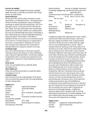 240
Aversion to Daylight
If exposed to natural daylight (not merely a daylight
spell), feyrs take a -4 penalty on all attack rolls, saving
throws, and skill checks.
Desecrating Aura
All feyrs give off a 20-foot radius emanation of utter
desecration, as if Hallowed to Orcus. All undead within
20 feet of the feyr (including the creature itself) gain
advantage on attack rolls and saving throws, and +2 on
damage as well as +2 hit points per HD. (The feyr Hit
Dice, attack, and save entries given here include these
profane bonuses.) Checks made to turn undead within
this area are at disadvantage with saves at advantage. A
feyr’s desecrating aura cannot be dispelled except by a
Dispel Evil spell or similar effect. If the effect is
dispelled, the feyr can resume it as an interaction action
on its next turn. Its desecrating aura is suppressed if a
feyr enters a consecrated or hallowed area, but the
feyr’s presence also suppresses the consecrated or
hallowed effect for as long as it remains in the area.
Terrifying Visage
Feyrs call to the primal fears in those who see them
requiring creatures first doing so to make a Willpower
save or become Frightened with a critical failure adding
Incapacitated until a successful save reduced it to just
Frightened. A creature can only be affected one per 24
hours.
Strike Dumb
A feyr can use Feeblemind as a spell-like ability
recharged on a 6.
Worst Nightmare
A feyr can use Phantasmal Killer as a spell-like ability
recharged on a 5 or 6.
Undead Paragon
Feyrs have access to the Undead Aspect of the Death
Form at a priest level equal to their HD using Willpower
for their casting ability.
Nightterror
Size/Type: Huge Fiend (Undead)
Hit Dice: 12d12+48 (118hp)
Initiative: +2
Speed: 40 ft., climb 40 ft., spring 60 ft.
Armor Class: 14
Attack: 6 Tentacles +6 (1d4+4 necrotic
plus paralysis, grapple)
Space/Reach: 10 ft. /10ft.
Special Attacks: Desecrating aura, Paralysis,
Stunning Gaze, Dark Web
Special Qualities: Aversion to daylight, Resistance
to Slashing, Bludgeoning, and Piercing unless silver and
magic, darkvision 60 ft.,
immunity to cold, tremorsense 60 ft., undead traits
Abilities: Str 15 Dex 15 Con 15 Int 6
Wis 14 Cha 6
Saves: +2 +2 +2 +2
+2 +2
Skills: Stealth +6 Perception +6
Environment: Abaddon
Organization: Solitary or pair
Challenge Rating:
Alignment: Always evil
A nightterror appear like a giant burned carrion crawler,
covered with sticky three-foot tentacles , with six six-
foot ones ringing its toothless maw. A spectral white
mist fills its throat, the same as that inside the single
orb of an eye unblinking above its mouth. Able to
condense itself and spring up to 60’ horizontally or 30’
vertically as an action, these horrors often dwell in deep
pits an spring out upon victims with surprise. Anyone
attacking a nightterror with melee reach of less than 10’
must make a Dexterity save at DC20 to avoid 4d6 points
of necrotic damage from the tarlike tentacles. Anyone
coming in contact with its web, or hit by such, must
make Dexterity save to avoid getting Restrained along
with Enfeebled (as per Ray of Enfeeblement) and
accruing 1 point of Exhaustion. Able to attack up to
three individuals with its six mouth tentacles, each
Requires a Dc20 Constituion save to avoid being
Paralyzed for 1d6 hours. Paralyzed victims are pulled
into the throat mist on its next tentacle action, each
round therein the victims suffers suffocation and 3d6
necrotic until the necrotic damage lowers their hit
points below their Constituion score. At this point the
rotting corpse becomes part of the Nightterror
increasing its hit point total from the usual 7 / Dice by 1
per victim devoured. Once the Maximum Hit points for
d12 are reached, each victim adds 5 temporary hit
points lost only through damage. A nightterror
measures about 6 feet in diameter with an 18’ long
body tipped by web spinners for tarlike webbing. It can
spin complex webs and spray targets up to 30’ away.
They move at full speed even on ceilings. .
Nightcrawler
Size/Type: Gargantuan Undead (Extraplanar)
Hit Dice: 25d12+50 (212 hp)
Initiative: +4
 