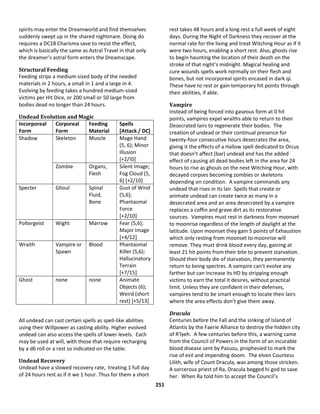 251
spirits may enter the Dreamworld and find themselves
suddenly swept up in the shared nightmare. Doing do
requires a DC18 Charisma save to resist the effect,
which is basically the same as Astral Travel in that only
the dreamer’s astral form enters the Dreamscape.
Structural Feeding
Feeding strips a medium-sized body of the needed
materials in 2 hours, a small in 1 and a large in 4.
Evolving by feeding takes a hundred medium-sized
victims per Hit Dice, or 200 small or 50 large from
bodies dead no longer than 24 hours.
Undead Evolution and Magic
Incorporeal
Form
Corporeal
Form
Feeding
Material
Spells
[Attack / DC]
Shadow Skeleton Muscle Mage Hand
(5, 6); Minor
Illusion
[+2/!0]
Zombie Organs,
Flesh
Silent Image;
Fog Cloud (5,
6) [+2/10]
Specter Ghoul Spinal
Fluid,
Bone
Gust of Wind
(5,6);
Phantasmal
Force
[+2/10]
Poltergeist Wight Marrow Fear (5,6);
Major Image
[+4/12]
Wraith Vampire or
Spawn
Blood Phantasmal
Killer (5,6);
Hallucinatory
Terrain
[+7/15]
Ghost none none Animate
Objects (6);
Weird (short
rest) [+5/13]
All undead can cast certain spells as spell-like abilities
using their Willpower as casting ability. Higher evolved
undead can also access the spells of lower levels. Each
may be used at will, with those that require recharging
by a d6 roll or a rest so indicated on the table.
Undead Recovery
Undead have a slowed recovery rate, treating 1 full day
of 24 hours rest as if it we 1 hour. Thus for them a short
rest takes 48 hours and a long rest a full week of eight
days. During the Night of Darkness they recover at the
normal rate for the living and treat Witching Hour as if it
were two hours, enabling a short rest. Also, ghosts rise
to begin haunting the location of their death on the
stroke of that night’s midnight. Magical healing and
cure wounds spells work normally on their flesh and
bones, but not incorporeal spirits encased in dark qi.
These have to rest or gain temporary hit points through
their abilities, if able.
Vampire
Instead of being forced into gaseous form at 0 hit
points, vampires expel wraiths able to return to their
Desecrated lairs to regenerate their bodies. The
creation of undead or their continual presence for
twenty-four consecutive hours desecrates the area,
giving it the effects of a Hallow spell dedicated to Orcus
that doesn’t affect (bar) undead and has the added
effect of causing all dead bodies left in the area for 24
hours to rise as ghouls on the next Witching Hour, with
decayed corpses becoming zombies or skeletons
depending on condition. A vampire commands any
undead that rises in its lair. Spells that create or
animate undead can create twice as many in a
desecrated area and an area desecrated by a vampire
replaces a coffin and grave dirt as its restorative
sources. Vampires must rest in darkness from moonset
to moonrise regardless of the length of daylight at the
latitude. Upon moonset they gain 5 points of Exhaustion
which only resting from moonset to moonrise will
remove. They must drink blood every day, gaining at
least 21 hit points from their bite to prevent starvation.
Should their body die of starvation, they permanently
return to being spectres. A vampire can’t evolve any
farther but can increase its HD by stripping enough
victims to earn the total it desires, without practical
limit. Unless they are confident in their defenses,
vampires tend to be smart enough to locate their lairs
where the area effects don’t give them away.
Dracula
Centuries before the Fall and the sinking of Island of
Atlantis by the Faerie Alliance to destroy the hidden city
of R'lyeh. A few centuries before this, a warning came
from the Council of Powers in the form of an incurable
blood disease sent by Pazuzu, prophesied to mark the
rise of evil and impending doom. The elven Countess
Lilith, wife of Count Dracula, was among those stricken.
A sorcerous priest of Ra, Dracula begged hi god to save
her. When Ra told him to accept the Council’s
 
