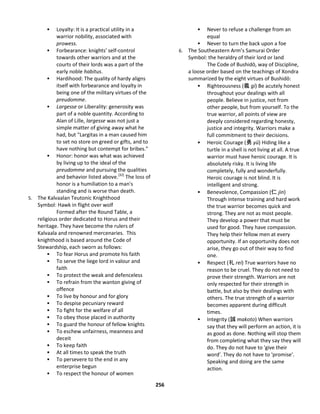 256
 Loyalty: It is a practical utility in a
warrior nobility, associated with
prowess.
 Forbearance: knights' self-control
towards other warriors and at the
courts of their lords was a part of the
early noble habitus.
 Hardihood: The quality of hardy aligns
itself with forbearance and loyalty in
being one of the military virtues of the
preudomme.
 Largesse or Liberality: generosity was
part of a noble quantity. According to
Alan of Lille, largesse was not just a
simple matter of giving away what he
had, but "Largitas in a man caused him
to set no store on greed or gifts, and to
have nothing but contempt for bribes."
 Honor: honor was what was achieved
by living up to the ideal of the
preudomme and pursuing the qualities
and behavior listed above.[32]
The loss of
honor is a humiliation to a man's
standing and is worse than death.
5. The Kalvaalan Teutonic Knighthood
Symbol: Hawk in flight over wolf
Formed after the Round Table, a
religious order dedicated to Horus and their
heritage. They have become the rulers of
Kalvaala and renowned mercenaries. This
knighthood is based around the Code of
Stewardship, each sworn as follows:
 To fear Horus and promote his faith
 To serve the liege lord in valour and
faith
 To protect the weak and defenceless
 To refrain from the wanton giving of
offence
 To live by honour and for glory
 To despise pecuniary reward
 To fight for the welfare of all
 To obey those placed in authority
 To guard the honour of fellow knights
 To eschew unfairness, meanness and
deceit
 To keep faith
 At all times to speak the truth
 To persevere to the end in any
enterprise begun
 To respect the honour of women
 Never to refuse a challenge from an
equal
 Never to turn the back upon a foe
6. The Southeastern Arm’s Samurai Order
Symbol: the heraldry of their lord or land
The Code of Bushidō, way of Discipline,
a loose order based on the teachings of Xondra
summarized by the eight virtues of Bushidō:
 Righteousness (義 gi) Be acutely honest
throughout your dealings with all
people. Believe in justice, not from
other people, but from yourself. To the
true warrior, all points of view are
deeply considered regarding honesty,
justice and integrity. Warriors make a
full commitment to their decisions.
 Heroic Courage (勇 yū) Hiding like a
turtle in a shell is not living at all. A true
warrior must have heroic courage. It is
absolutely risky. It is living life
completely, fully and wonderfully.
Heroic courage is not blind. It is
intelligent and strong.
 Benevolence, Compassion (仁 jin)
Through intense training and hard work
the true warrior becomes quick and
strong. They are not as most people.
They develop a power that must be
used for good. They have compassion.
They help their fellow men at every
opportunity. If an opportunity does not
arise, they go out of their way to find
one.
 Respect (礼 rei) True warriors have no
reason to be cruel. They do not need to
prove their strength. Warriors are not
only respected for their strength in
battle, but also by their dealings with
others. The true strength of a warrior
becomes apparent during difficult
times.
 Integrity (誠 makoto) When warriors
say that they will perform an action, it is
as good as done. Nothing will stop them
from completing what they say they will
do. They do not have to 'give their
word'. They do not have to 'promise'.
Speaking and doing are the same
action.
 
