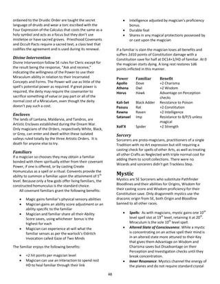 48
ordained to the Druidic Order are taught the secret
language of druids and wear a torc escribed with the
Four Expression of the Calculus that costs the same as a
holy symbol and acts as a focus but they don’t use
mistletoe or have sacred groves. Priesthood Covenants
and Occult Pacts require a sacred text, a class text that
codifies the agreement and is used during its renewal.
Divine Intervention
Divine Intervention follow 5E rules for Cleric except for
the result being the response, “Ask and receive,”
indicating the willingness of the Power to use their
Miraculum ability in relation to their Incarnated
Concepts and Forms. The Power will use as little of the
spell’s potential power as required. If great power is
required, the deity may require the covenanter to
sacrifice something of value or pay part or all of the
normal cost of a Miraculum, even though the deity
doesn’t pay such a cost.
Enclaves
The lands of Lantana, Maldarvia, and Tandros, are
Artistic Enclaves established during the Dream War.
Only magicians of the Orders, respectively White, Black,
or Grey, can enter and dwell within these isolated
valleys ruled totally by the three Artistic Orders. It is
death for anyone else to try.
Familiars
If a magician so chooses they may obtain a familiar
bonded with them spiritually either from their covenant
Power, if one is offered, or by casting Create
Homunculus as a spell or a ritual. Convents provide the
ability to summon a familiar upon the attainment of 5th
level. Because only a few gods offer living familiars, the
constructed homunculus is the standard choice.
All covenant familiars grant the following benefits:
 Magic gains familiar’s physical sensory abilities
 Magician gains an ability score adjustment or an
ability specific to the familiar
 Magician and familiar share all their Ability
Score saves, using whichever bonus is the
highest for each
 Magician can experience at-will what the
familiar senses as per the warlock’s Eldritch
Invocation called Gaze of Two Minds
The familiar enjoys the following benefits:
 +2 hit points per magician level
 Magician can use an Interaction to spend rest
HD to heal familiar through their link
 Intelligence adjusted by magician’s proficiency
bonus.
 Durable feat
 Shares in any magical protections possessed by
or cast upon the magician
If a familiar is slain the magician loses all benefits and
suffers 2d10 points of Constitution damage with a
Constitution save for half at DC14+1/HD of familiar. At 0
the magician starts dying. A long rest restores 1d6
points inflicted in this manner.
Power Familiar Benefit
Apollo Dove +2 Charisma
Athena Owl +2 Wisdom
Horus Hawk Advantage on Perception
checks
Kali-Set Black Adder Resistance to Poison
Pazuzu Rat +2 Constitution
Rawna Raven +2 Intelligence
Satanael Imp Resistance to B/P/S unless
magical
Xoll’X Spider +2 Strength
Sorcery
Sorcerers are proto-magicians, practitioners of a single
Tradition with no Art expression but still requiring a
casting check for spells of other Arts, as well as treating
all other Crafts as Neglected with triple normal cost for
adding them to scroll collections. There were no
Wizards and sorcerers didn’t get Trackless Step.
Mystic
Mystics are 5E Sorcerers who substitute Pathfinder
Bloodlines and their abilities for Origins, Wisdom for
their casting score and Wisdom proficiency for their
Constitution save. Only dragonneth mystics use the
draconic origin from 5E, both Origin and Bloodline
banned to all other races.
 Spells: As with magicians, mystic gains one 10th
level spell slot at 19th
level, retaining it at 20th
.
Miraculum is the sole 10th
level spell.
 Altered State of Consciousness: While a mystic
is concentrating on an active spell their mind is
in an altered state more attuned to their Key
that gives them Advantage on Wisdom and
Charisma saves but Disadvantage on their
Perception and Investigation checks until they
break concentration.
 Inner Resonance: Mystics channel the energy of
the planes and do not require standard crystal
 