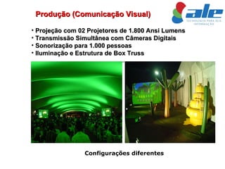 Projeção com 02 Projetores de 1.800 Ansi Lumens Transmissão Simultânea com Câmeras Digitais  Sonorização para 1.000 pessoas  Iluminação e Estrutura de Box Truss Configurações diferentes Produção (Comunicação Visual) 