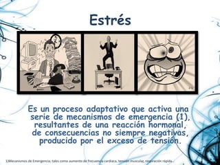 Estrés




              Es un proceso adaptativo que activa una
              serie de mecanismos de emergencia (1),
               resultantes de una reacción hormonal,
               de consecuencias no siempre negativas,
                 producido por el exceso de tensión.

1)Mecanismos de Emergencia; tales como aumento de frecuencia cardiaca, tensión muscular, respiración rápida…
 
