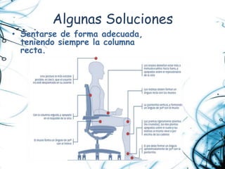Algunas Soluciones
• Sentarse de forma adecuada,
  teniendo siempre la columna
  recta.
 