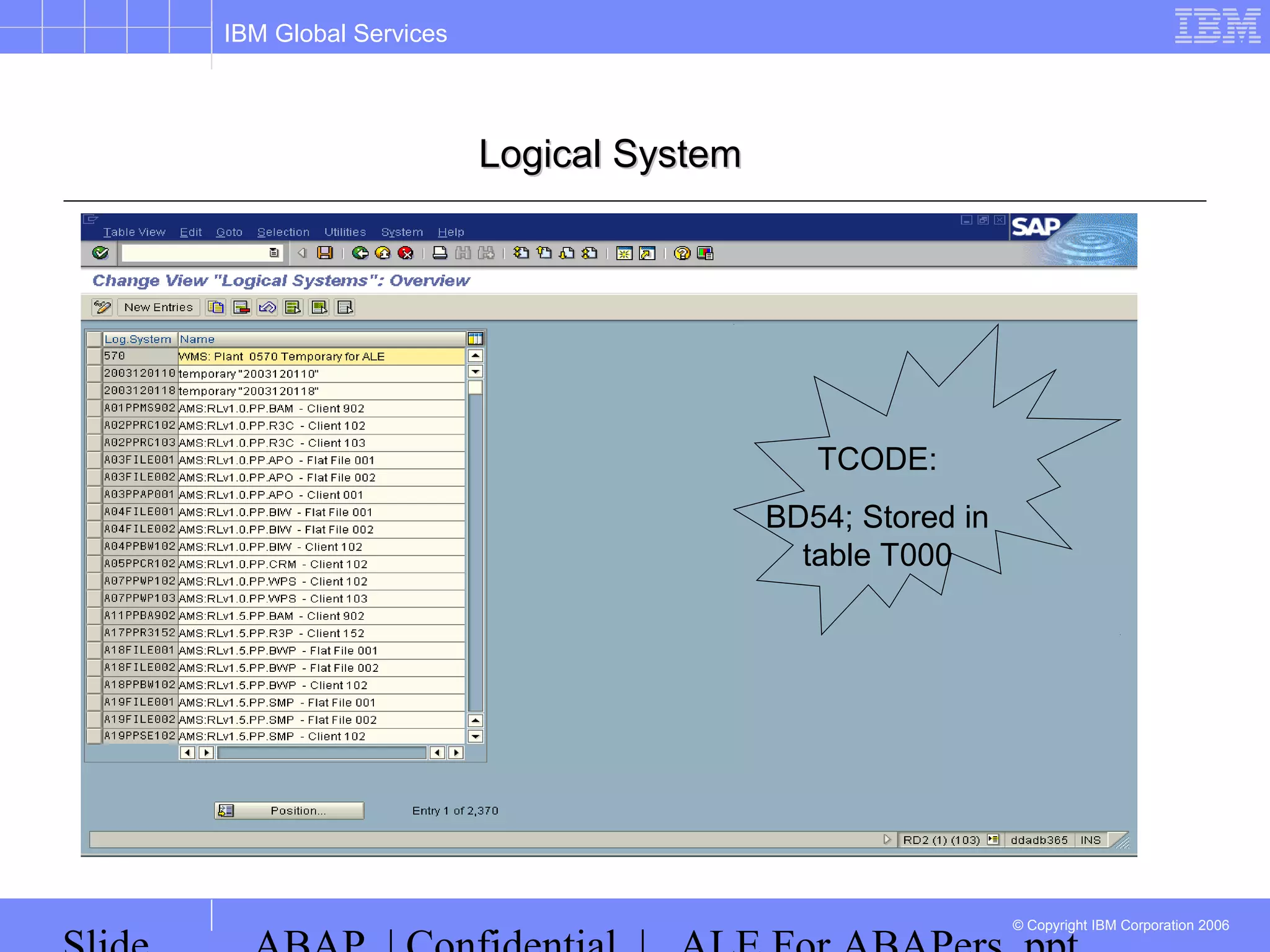 IBM Global Services
© Copyright IBM Corporation 2006
Logical SystemLogical System
TCODE:
BD54; Stored in
table T000
 