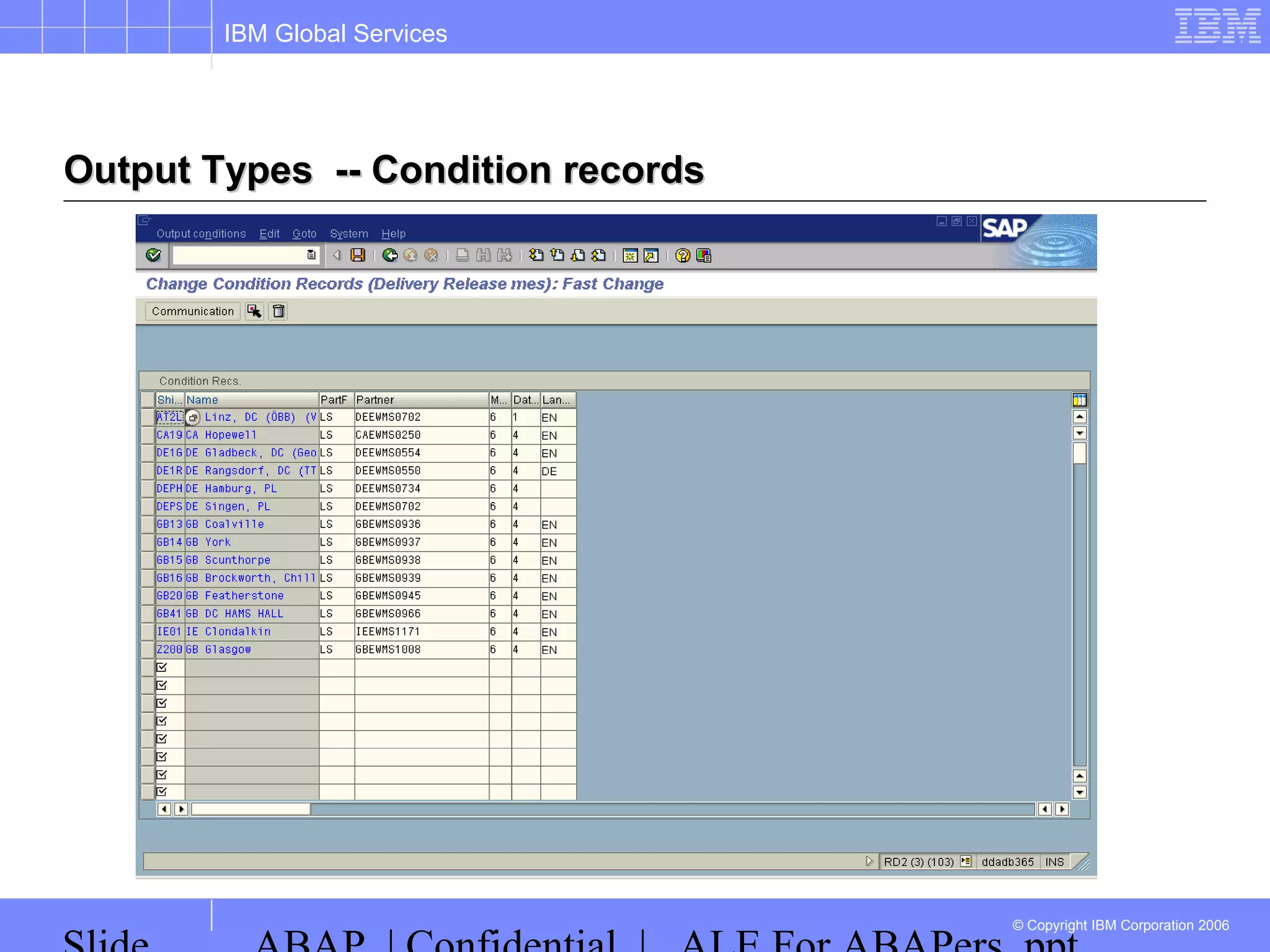 IBM Global Services
© Copyright IBM Corporation 2006
Output Types -- Condition recordsOutput Types -- Condition records
 