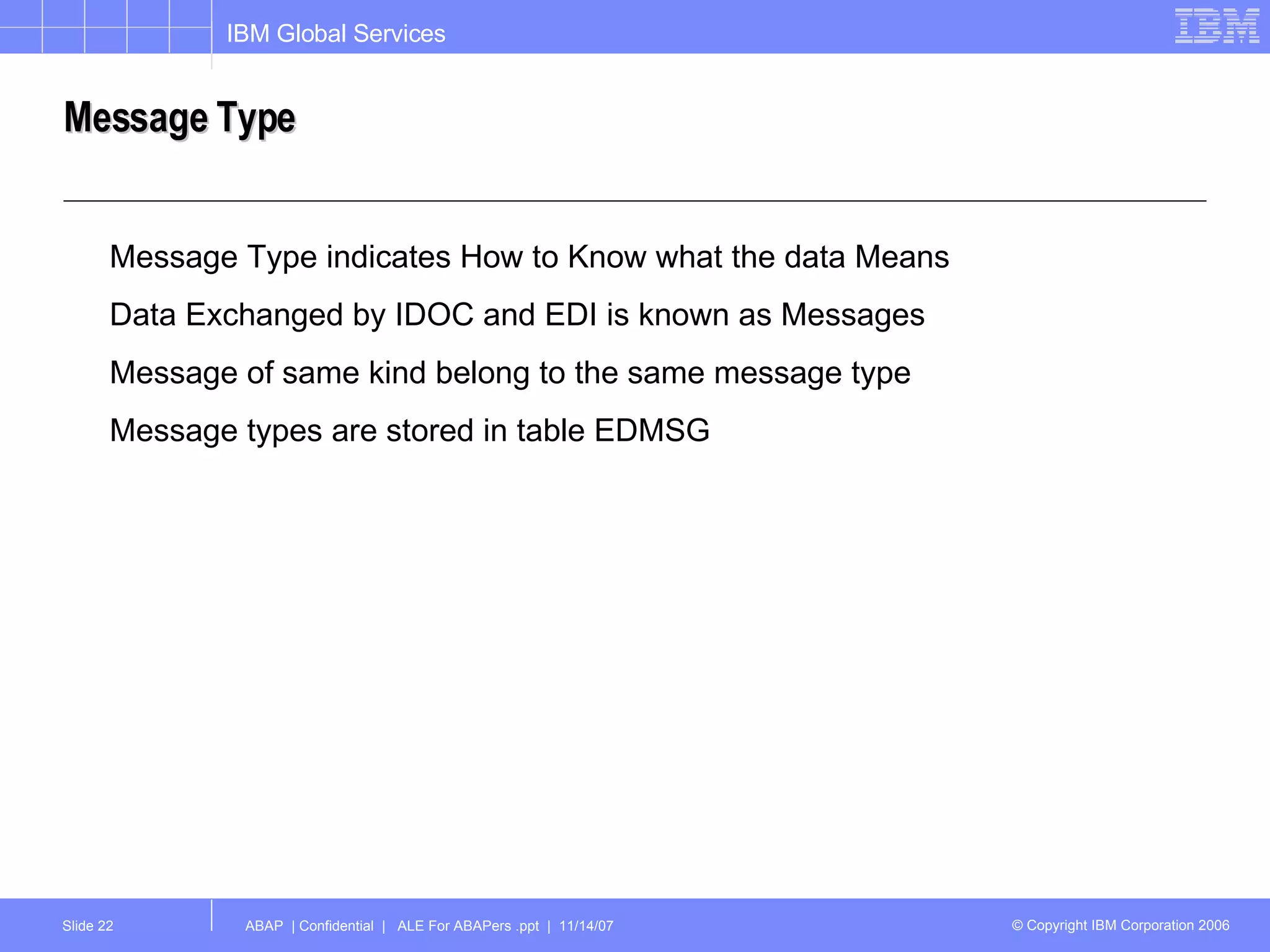 Message Type Message Type indicates How to Know what the data Means Data Exchanged by IDOC and EDI is known as Messages Message of same kind belong to the same message type Message types are stored in table EDMSG 