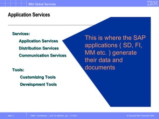 Application Services Services: Application Services Distribution Services Communication Services Tools: Customizing Tools  Development Tools This is where the SAP applications ( SD, FI, MM etc. ) generate their data and documents 