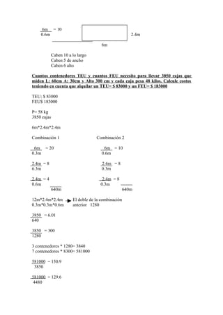 6m = 10
    0.6m                                                2.4m

                                       6m

             Caben 10 a lo largo
             Caben 5 de ancho
             Caben 6 alto

Cuantos contenedores TEU y cuantos FEU necesito para llevar 3850 cajas que
miden L: 60cm A: 30cm y Alto 300 cm y cada caja pesa 48 kilos. Calcule costos
teniendo en cuenta que alquilar un TEU= $ 83000 y un FEU= $ 183000

TEU: $ 83000
FEU$ 183000

P= 58 kg
3850 cajas

6m*2.4m*2.4m

Combinación 1                       Combinación 2

 6m = 20                                6m = 10
0.3m                                   0.6m

2.4m = 8                               2.4m = 8
6.3m                                   0.3m

2.4m = 4                               2.4m = 8
0.6m                                  0.3m
             640m                                    640m

12m*2.4m*2.4m           El doble de la combinación
0.3m*0.3m*0.6m          anterior 1280

3850 = 6.01
640

3850 = 300
1280

3 contenedores * 1280= 3840
7 contenedores * 8300= 581000

581000 = 150.9
 3850

581000 = 129.6
 4480
 