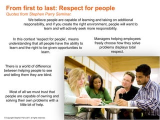 From first to last: Respect for people
  Quotes from Stephen Parry Seminar.
                          We believe people are capable of learning and taking on additional
                       responsibility, and if you create the right environment, people will want to
                                     learn and will actively seek more responsibility.


       In this context ‘respect for people’, means                    Managers helping employees
     understanding that all people have the ability to                freely choose how they solve
     learn and the right to be given opportunities to                    problems displays total
                           learn.                                                respect.



 There is a world of difference
between helping people to see
and telling them they are blind.



   Most of all we must trust that
 people are capable of owning and
 solving their own problems with a
           little bit of help.


© Copyright Stephen Parry 2011 all rights reserved.
 