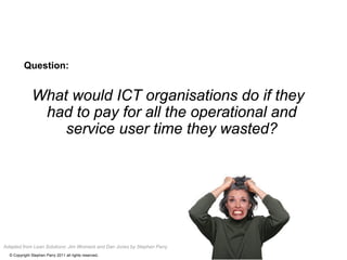 Question:


              What would ICT organisations do if they
               had to pay for all the operational and
                  service user time they wasted?




Adapted from Lean Solutions: Jim Womack and Dan Jones by Stephen Parry
  © Copyright Stephen Parry 2011 all rights reserved.
 