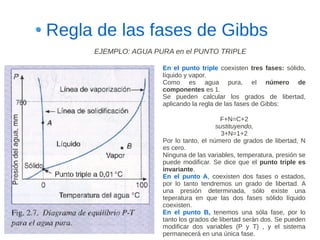 Regla de las fases de Gibbs
     EJEMPLO: AGUA PURA en el PUNTO TRIPLE

                     En el punto triple coexisten tres fases: sólido,
                     líquido y vapor.
                     Como es agua pura, el número de
                     componentes es 1.
                     Se pueden calcular los grados de libertad,
                     aplicando la regla de las fases de Gibbs:

                                         F+N=C+2
                                        sustituyendo,
                                          3+N=1+2
                     Por lo tanto, el número de grados de libertad, N
                     es cero.
                     Ninguna de las variables, temperatura, presión se
                     puede modificar. Se dice que el punto triple es
                     invariante.
                     En el punto A, coexisten dos fases o estados,
                     por lo tanto tendremos un grado de libertad. A
                     una presión determinada, sólo existe una
                     teperatura en que las dos fases sólido líquido
                     coexisten.
                     En el punto B, tenemos una sóla fase, por lo
                     tanto los grados de libertad serán dos. Se pueden
                     modificar dos variables (P y T) , y el sistema
                     permanecerá en una única fase.
 