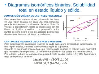 Diagramas isomórficos binarios. Solubilidad
        total en estado líquido y sólido.
COMPOSICIÓN QUÍMICA DE LAS FASES PRESENTES:
Para determinar la composición química de las fases
en una región bifásica, se traza una línea horizontal
para la temperatura considerada, llamada “línea de
vínculo o coexistencia”, hasta la intersección con las
líneas de líquidus y sólidus. La proyección e los
puntos de corte sobre el eje de abscisas permite leer
directamente las composiciones de cada fase..


CANTIDADES RELATIVAS DE LAS FASES PRESENTES:
Para determinar las cantidades relativas de cada fase, a una temperatura determinada, en
una región bifásica, se utiliza la denominada regla de la palanca.
Consiste en trazar una línea vertical, que representa la aleación en estudio y otra horizontal,
que representa la temperatura. La línea vertical divide en dos partes a la línea horizontal.
Por lo tanto, la línea de coexistencia queda dividida en dos partes, LO y OS. Aplicando la
regla de la palanca tenemos:
                             Líquido (%) = (SO/SL).100
                              Sólido (%)= (OL/SL). 100
 