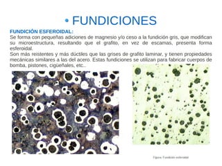 FUNDICIONES
FUNDICIÓN ESFEROIDAL:
Se forma con pequeñas adiciones de magnesio y/o ceso a la fundición gris, que modifican
su microestructura, resultando que el grafito, en vez de escamas, presenta forma
esferoidal.
Son más reistentes y más dúctiles que las grises de grafito laminar, y tienen propiedades
mecánicas similares a las del acero. Estas fundiciones se utilizan para fabricar cuerpos de
bomba, pistones, cigüeñales, etc..
 