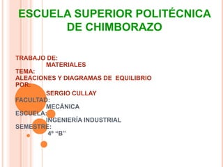 ESCUELA SUPERIOR POLITÉCNICA
DE CHIMBORAZO
TRABAJO DE:
MATERIALES
TEMA:
ALEACIONES Y DIAGRAMAS DE EQUILIBRIO
POR:
SERGIO CULLAY
FACULTAD:
MECÁNICA
ESCUELA:
INGENIERÍA INDUSTRIAL
SEMESTRE:
4º “B”
 