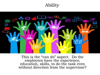 Ability
This is the “can do” aspect. Do the
employees have the experience,
education, skills, to do the task even
without direction from the supervisor?
 