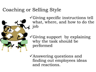 Coaching or Selling Style
Giving specific instructions tell
what, where, and how to do the
job
Giving support by explaining
why the task should be
performed
Answering questions and
finding out employees ideas
and reactions.
 