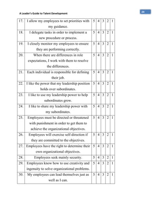 24

A Leader’s Guide to Talent Development

17.

I allow my employees to set priorities with

5 4 3 2 1

my guidance.
18.

I delegate tasks in order to implement a

5 4 3 2 1

new procedure or process.
19.

I closely monitor my employees to ensure

5 4 3 2 1

they are performing correctly.
20.

When there are differences in role

5 4 3 2 1

expectations, I work with them to resolve
the differences.
21.

Each individual is responsible for defining

5 4 3 2 1

their job.
22. I like the power that my leadership position 5 4 3 2 1
holds over subordinates.
23.

I like to use my leadership power to help

5 4 3 2 1

subordinates grow.
24.

I like to share my leadership power with

5 4 3 2 1

my subordinates.
25.

Employees must be directed or threatened

5 4 3 2 1

with punishment in order to get them to
achieve the organizational objectives.
26.

Employees will exercise self-direction if

5 4 3 2 1

they are committed to the objectives.
27. Employees have the right to determine their 5 4 3 2 1
own organizational objectives.
28.

Employees seek mainly security.

5 4 3 2 1

29. Employees know how to use creativity and 5 4 3 2 1
ingenuity to solve organizational problems.
30.

My employees can lead themselves just as
well as I can.

5 4 3 2 1

 