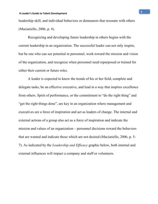 A Leader’s Guide to Talent Development

leadership skill, and individual behaviors or demeanors that resonate with others
(Maciariello, 2006, p. 4).
Recognizing and developing future leadership in others begins with the
current leadership in an organization. The successful leader can not only inspire,
but be one who can see potential in personnel, work toward the mission and vision
of the organization, and recognize when personnel need repurposed or trained for
either their current or future roles.
A leader is expected to know the trends of his or her field, complete and
delegate tasks, be an effective executive, and lead in a way that inspires excellence
from others. Spirit of performance, or the commitment to “do the right thing” and
“get the right things done”, are key in an organization where management and
executives are a force of inspiration and act as leaders of change. The internal and
external actions of a group also act as a force of inspiration and indicate the
mission and values of an organization – personnel decisions reward the behaviors
that are wanted and indicate those which are not desired (Maciariello, 2006, p. 57). As indicated by the Leadership and Efficacy graphic below, both internal and
external influences will impact a company and staff or volunteers.

3

 