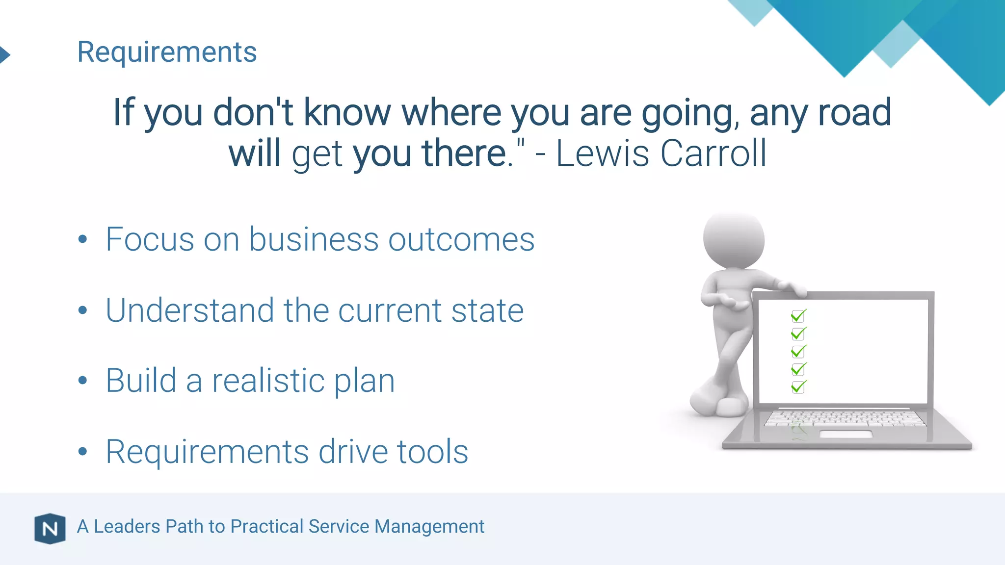 A Leaders Path to Practical Service Management
• Focus on business outcomes
• Understand the current state
• Build a realistic plan
• Requirements drive tools
Requirements
If you don't know where you are going, any road
will get you there." - Lewis Carroll
 