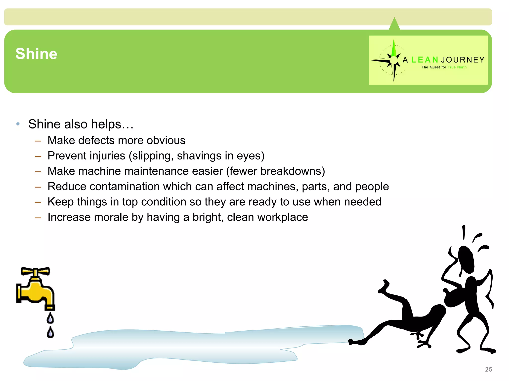 Shine Shine also helps… Make defects more obvious Prevent injuries (slipping, shavings in eyes) Make machine maintenance easier (fewer breakdowns) Reduce contamination which can affect machines, parts, and people Keep things in top condition so they are ready to use when needed Increase morale by having a bright, clean workplace 