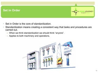 Set in Order is the core of standardization. Standardization means creating a consistent way that tasks and procedures are carried out. When we think standardization we should think “anyone”. Applies to both machinery and operations. Set in Order 